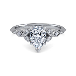 Gabriel & Co. ER11747P4W44JJ 14 karat white gold Victorian engagement ring, front view of a pear shaped center with ball tipped prongs and a pointed V tip