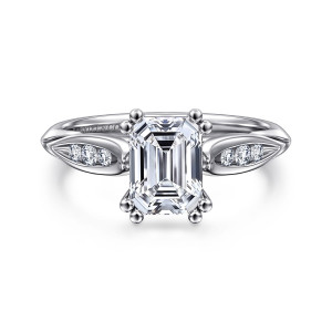 Gabriel & Co. ER11749E6W44JJ 14 karat white gold Contemporary engagement ring, front view of paired beaded corner prongs and leaf shaped shoulder panels holding small diamonds