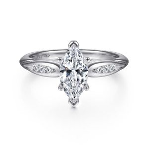 Gabriel & Co. ER11749M4W44JJ 14 karat white gold Contemporary engagement ring, front view of a pointed marquise center flanked by leaf shaped shoulder recesses of small diamonds