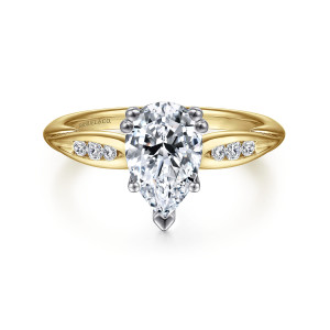 Gabriel & Co. ER11749P4M44JJ 14 karat white and yellow gold Contemporary engagement ring, front view of the pear center with three small diamonds on each leaf shaped shoulder
