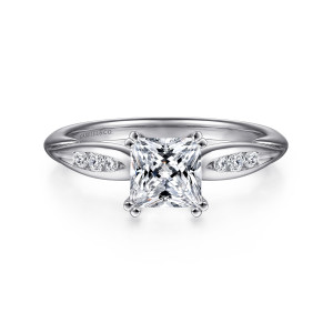 Gabriel & Co. ER11749S4W44JJ 14 karat white gold Contemporary engagement ring, front view of a princess center with doubled prongs and leaf shaped shoulder panels