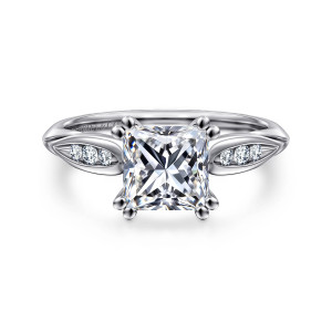 Gabriel & Co. ER11749S6W44JJ 14 karat white gold Contemporary engagement ring, front view of a princess cut center with leaf shaped shoulder windows holding small diamonds
