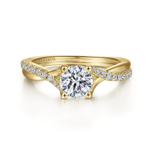 Gabriel & Co. ER11794R3Y44JJ 14 karat yellow gold Contemporary engagement ring, front view of a round center with ball tipped prongs and strands crossing at the shoulders