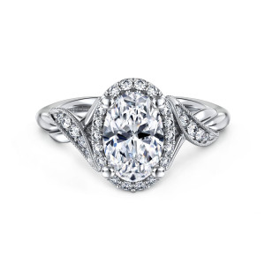 Gabriel & Co. ER11828O6W44JJ 14 karat white gold Victorian engagement ring, front view of an oval center in a single halo with leaf shaped shoulders of stones
