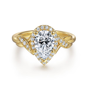 Gabriel & Co. ER11828P4Y44JJ 14 karat yellow gold Victorian engagement ring, front view of a pear shaped halo with round diamonds and leaf shoulders edged in fine beading