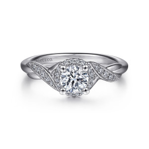 Gabriel & Co. ER11828R2W44JJ 14 karat white gold Victorian engagement ring, front view of a small halo with ball tipped prongs and beaded, stone set ribbons at the shoulders