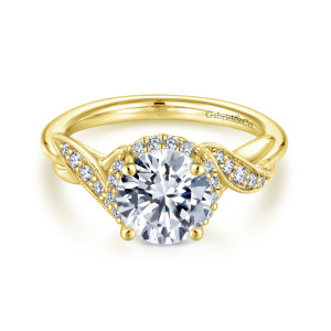 Gabriel & Co. ER11828R4Y44JJ 14 karat yellow gold Victorian engagement ring, front view of a round center in a halo, with beaded diamond ribbons curving in from both sides