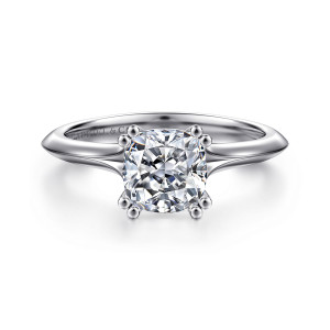 Gabriel & Co. ER11832C6W4JJJ 14 karat white gold Classic engagement ring, front view of a cushion cut center with a pair of ball tipped prongs at each corner