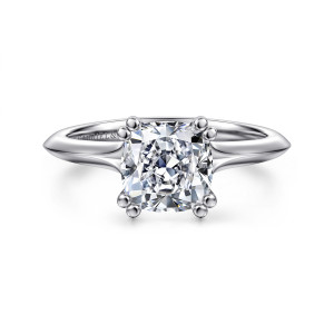 Gabriel & Co. ER11832C8W4JJJ 14 karat white gold Classic engagement ring, front view of a cushion cut center held by paired ball tipped prongs at each corner