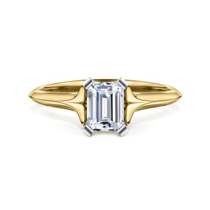Gabriel & Co. ER11832E3M4JJJ 14 karat white and yellow gold Classic engagement ring, front view of an emerald cut center in squared prongs above a band narrowing to sharp side edges