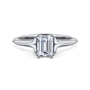 Gabriel & Co. ER11832E3W4JJJ 14 karat white gold Classic engagement ring, front view of an emerald cut center between flat corner prongs and flared band shoulders
