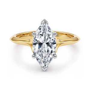 Gabriel & Co. ER11832M12M4JJJ 14 karat white and yellow gold Classic engagement ring, front view of a long marquise center with pointed end caps, ball tipped prongs and tapering shoulders