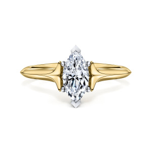 Gabriel & Co. ER11832M3M4JJJ 14 karat white and yellow gold Classic engagement ring, front view of a marquise center between shoulders tapering to points, with pointed tips at its ends