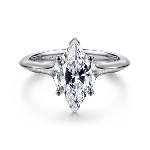 Gabriel & Co. ER11832M6W4JJJ 14 karat white gold Classic engagement ring, front view of the long marquise center with pointed end tips and round tipped prongs along each side