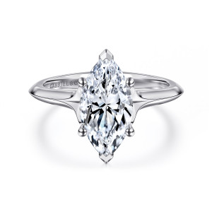 Gabriel & Co. ER11832M8W4JJJ 14 karat white gold Classic engagement ring, front view of a marquise center with pointed end caps above a ridged shank