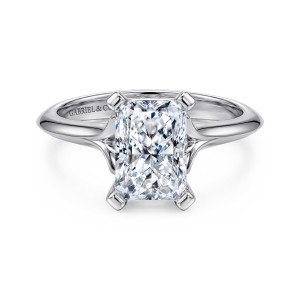 Gabriel & Co. ER11832N8W4JJJ 14 karat white gold Classic engagement ring, front view of a radiant cut center in squared corner prongs on a tapered band