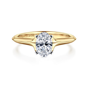 Gabriel & Co. ER11832O3M4JJJ 14 karat white and yellow gold Classic engagement ring, front view of a small oval center in squared claws above a shank that narrows to a ridge