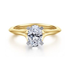 Gabriel & Co. ER11832O4M4JJJ 14 karat white and yellow gold Classic engagement ring, front view of an oval center between flat topped prongs above a band with a sharp outer ridge