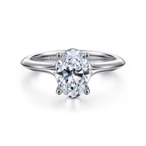 Gabriel & Co. ER11832O6W4JJJ 14 karat white gold Classic engagement ring, front view of an oval center on four ball tipped prongs above a band with a fine ridge
