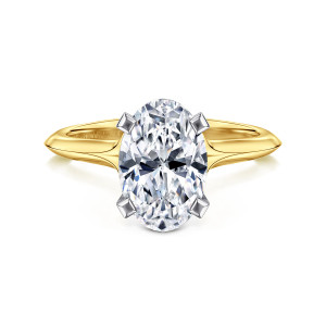 Gabriel & Co. ER11832O8M4JJJ 14 karat white and yellow gold Classic engagement ring, front view of an oval center with squared prongs and a knife edge ridge along the band