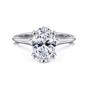 Gabriel & Co. ER11832O8W4JJJ 14 karat white gold Classic engagement ring, front view of an oval center with squared prong tips above a knife edge ridge on both shoulders