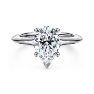 Gabriel & Co. ER11832P8W4JJJ 14 karat white gold Classic engagement ring, front view of a pear shaped center on ball tipped prongs above a ridged knife edge band