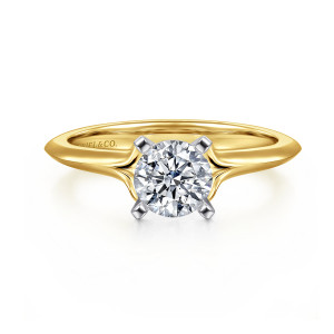 Gabriel & Co. ER11832R3M4JJJ 14 karat white and yellow gold Classic engagement ring, front view of a round center in square edged prongs above a band tapering to a ridge