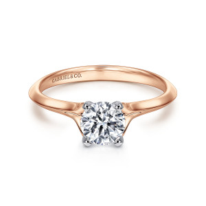 Gabriel & Co. ER11832R3T4JJJ 14 karat white and rose gold Classic engagement ring, front view of a round center with a knife edge band tapering up to the head