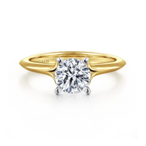 Gabriel & Co. ER11832R4M4JJJ 14 karat white and yellow gold Classic engagement ring, front view of a round center with a knife edge band and a head in a contrasting tone