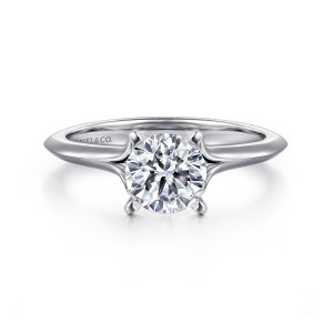 Gabriel & Co. ER11832R4W4JJJ 14 karat white gold Classic engagement ring, front view of a round center in small claw prongs above a slim knife edged band