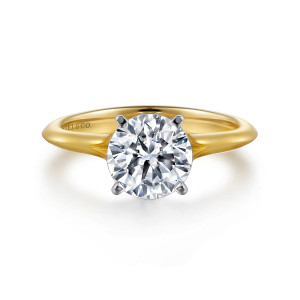 Gabriel & Co. ER11832R6M4JJJ 14 karat white and yellow gold Classic engagement ring, front view of a round center in four prongs on a band with a raised knife edge ridge