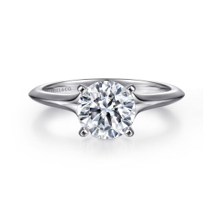 Gabriel & Co. ER11832R6W4JJJ 14 karat white gold Classic engagement ring, front view of a round center on four flat tipped prongs with tapered shoulders