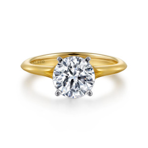 Gabriel & Co. ER11832R8M4JJJ 14 karat white and yellow gold Classic engagement ring, front view of a round center with a knife edge band and paler prongs