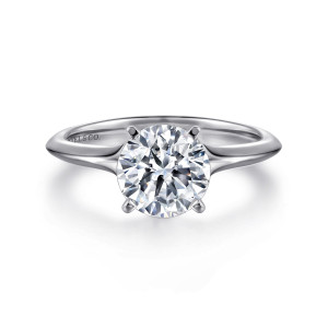 Gabriel & Co. ER11832R8W4JJJ 14 karat white gold Classic engagement ring, front view of a round center in four slim prongs on a band with a ridged knife edge