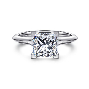 Gabriel & Co. ER11832S8W4JJJ 14 karat white gold Classic engagement ring, front view of a princess cut center gripped at the corners above a knife edge band