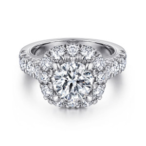 Gabriel & Co. ER11986R6W44JJ 14 karat white gold Contemporary engagement ring, front view of a round center ringed by a cushion shaped row of round diamonds