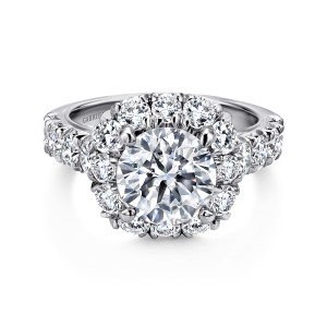 Gabriel & Co. ER11986R8W44JJ 14 karat white gold Contemporary engagement ring, front view of a round center in a cushion shaped halo with four prongs