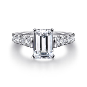Gabriel & Co. ER12299E6PT4JJ platinum Classic engagement ring, front view of an emerald cut center in flat topped square prongs above diamond lined shoulders