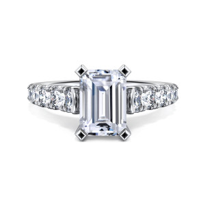 Gabriel & Co. ER12299E8W44JJ 14 karat white gold Classic engagement ring, front view of squared pyramid tipped prongs at the corners of the emerald cut center