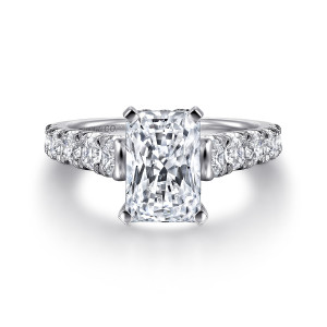 Gabriel & Co. ER12299N0W44JJ 14 karat white gold Classic engagement ring, front view of a rectangular center with clipped corners between round side diamonds