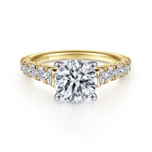 Gabriel & Co. ER12299R6M44JJ 14 karat white and yellow gold Classic engagement ring, front view of a round center on ball tipped prongs with diamonds along both shoulders