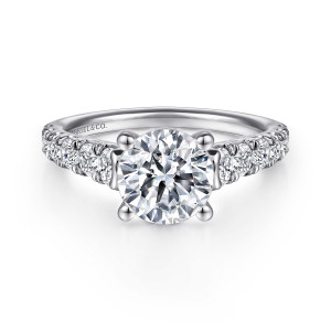 Gabriel & Co. ER12299R6W44JJ 14 karat white gold Classic engagement ring, front view of a round center with ball tipped prongs and round diamonds running up both shoulders