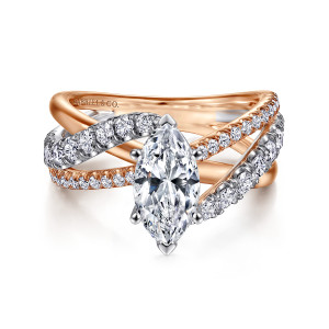 Gabriel & Co. ER12337M6T44JJ 14 karat white and rose gold Contemporary engagement ring, front view of a marquise center with strands of round diamonds crossing beneath it