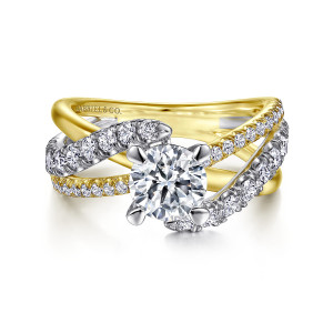 Gabriel & Co. ER12337R4M44JJ 14 karat white and yellow gold Contemporary engagement ring, front view of a round center where diamond strands cross beside its claw prongs