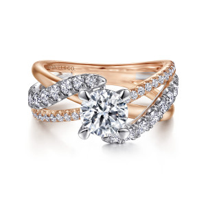 Gabriel & Co. ER12337R4T44JJ 14 karat white and rose gold Contemporary engagement ring, front view of a round center with strands crossing on either side, larger diamonds on one