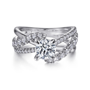 Gabriel & Co. ER12337R4W44JJ 14 karat white gold Contemporary engagement ring, front view of diamond strands crossing beside a round center held in claw prongs