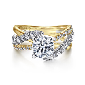 Gabriel & Co. ER12337R6M44JJ 14 karat white and yellow gold Contemporary engagement ring, front view of a round center where strands with larger diamonds cross a fine diamond strand