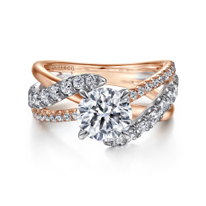 Gabriel & Co. ER12337R6T44JJ 14 karat white and rose gold Contemporary engagement ring, front view of a round center in a four claw head with strands crossing around it