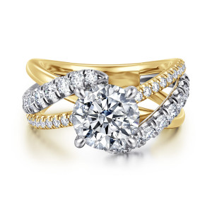 Gabriel & Co. ER12337R8M44JJ 14 karat white and yellow gold Contemporary engagement ring, front view of a round center in four claws with diamond ribbons crossing on both sides