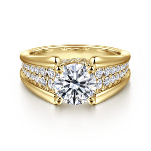 Gabriel & Co. ER12351R6Y44JJ 14 karat yellow gold Contemporary engagement ring, front view of a round center in four ball tipped prongs above wide diamond rows